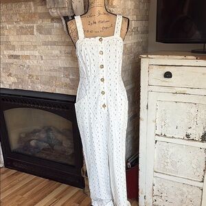 Illa Illa linen cream white pantsuit black detail button close criss cross strap